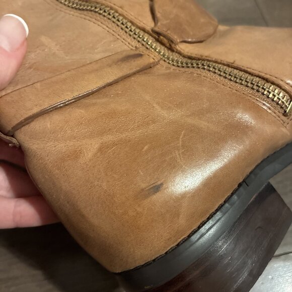 MICHAEL KORS FULTON HARNESS Camel Brown  GOLD MK LOGO LUGGAGE RIDING BOOTS 7.5 - Picture 8 of 9